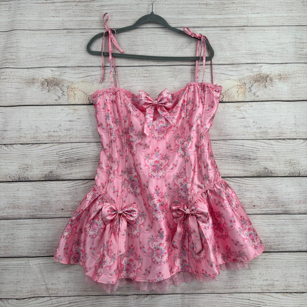 Sugar Thrillz Mini Dress Women XXL Pink Floral Satin Lace Up Bow Coquette